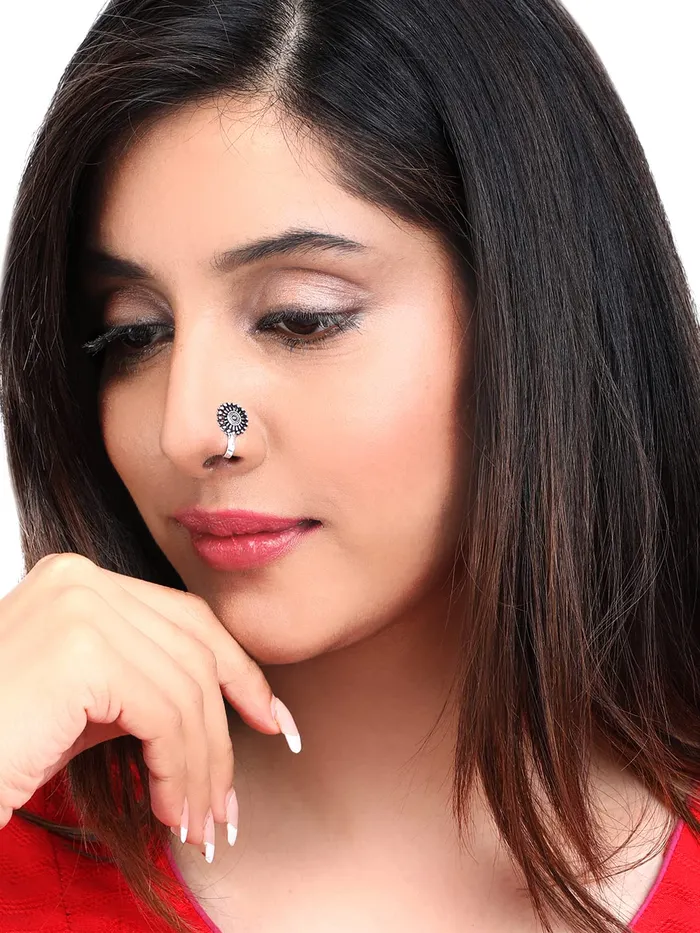Earrings Yellow Chimes Yellow Chimes Traditional Silver Oxidised Nose Pin Without Piercing Floral Shaped