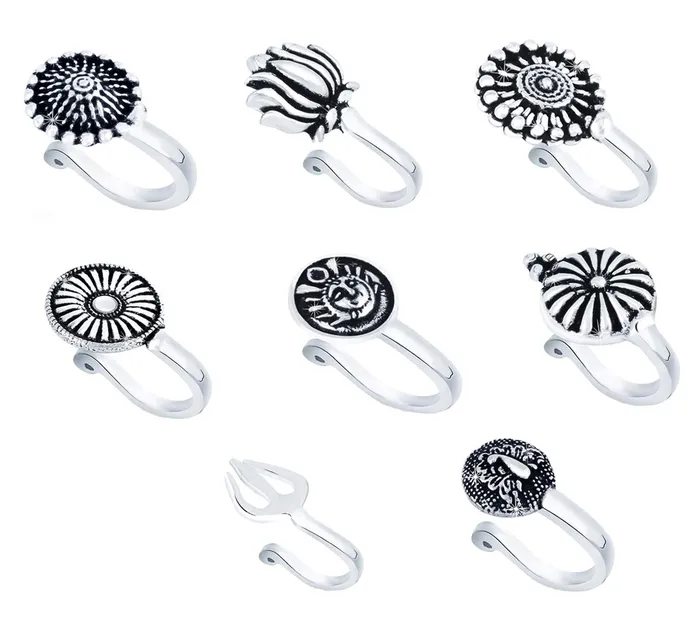 Earrings Yellow Chimes Yellow Chimes Traditional Silver Oxidised Nose Pin Without Piercing Floral Shaped