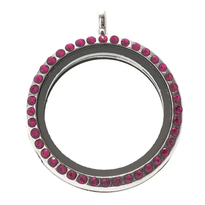 Glass Locket Pendant Magnetic 30mm Pink Rhinestone Round JE0265 Necklaces
