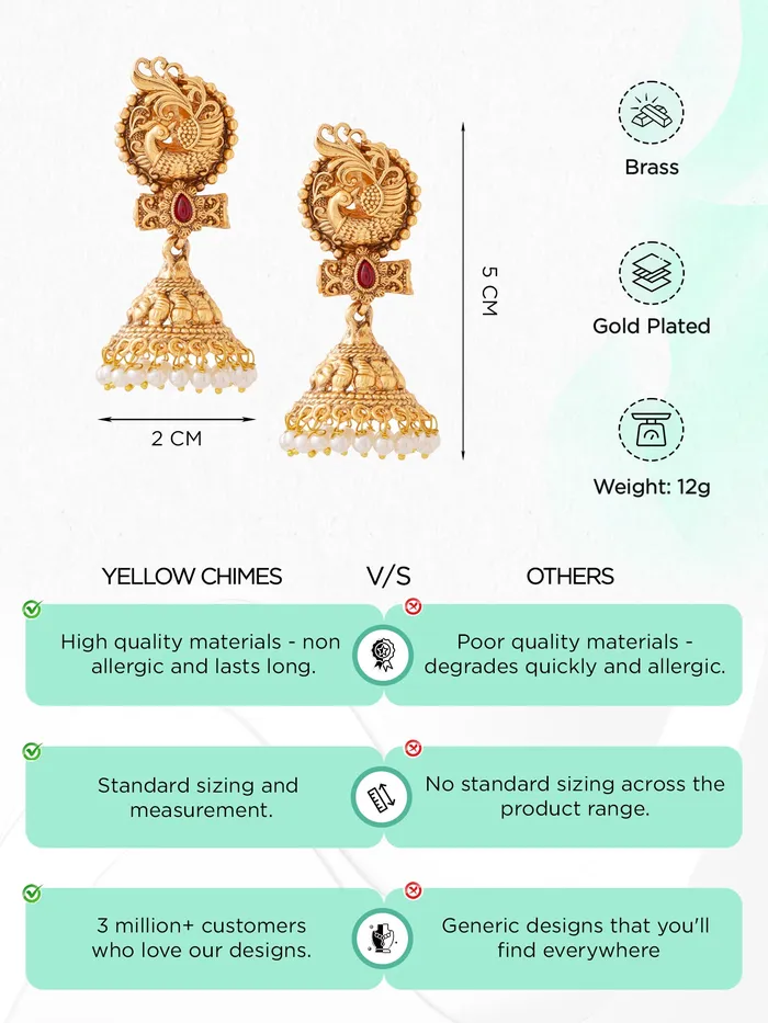Jhumka Earrings Traditional Gold Plated Design 5cm x 2cm Elegant Gold for Women Yellow Chimes Bracelets