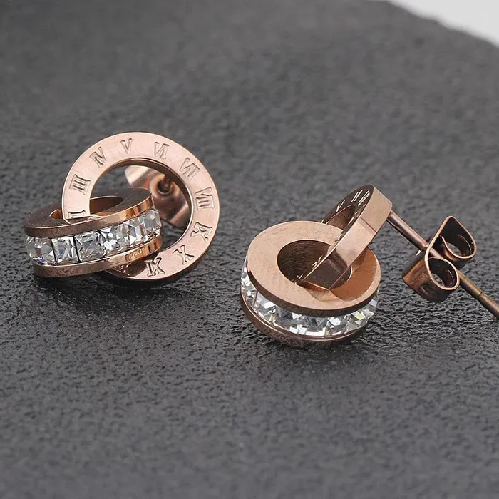 Kairangi Earrings for Women Western Rose Gold Plated Stainless Steel Roman Numericals Engraved Crystal Statement Drop Earrings for Women and Girls Yellow Chimes Earrings