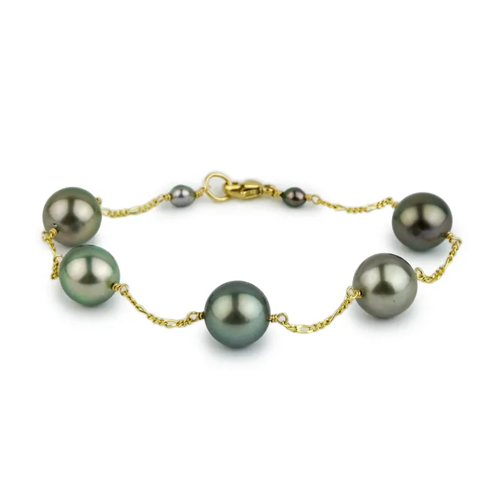 Kamoka Pearl Bracelets Dark PinkGreen Tahitian Pearl Tin Cup Bracelet on 14K Gold