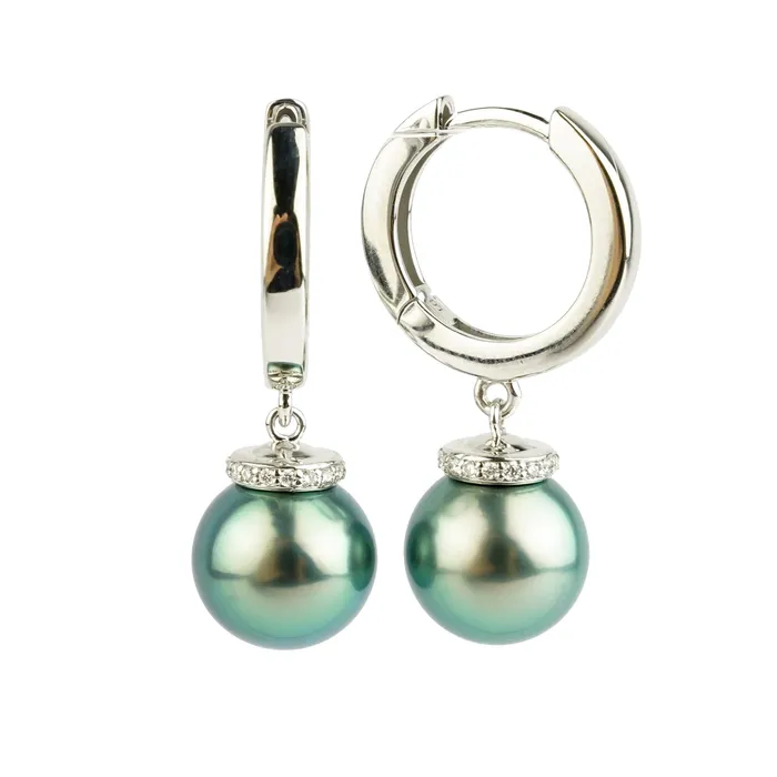 Kamoka Pearl Bright Blue Tahitian Pearl Diamond Halo Earrings Earrings