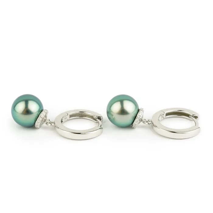 Kamoka Pearl Bright Blue Tahitian Pearl Diamond Halo Earrings Earrings