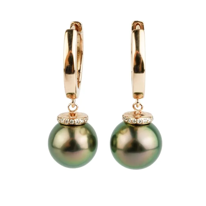 Kamoka Pearl Earrings Flashy Aubergine Peacock Tahitian Pearl Diamond Halo Earrings