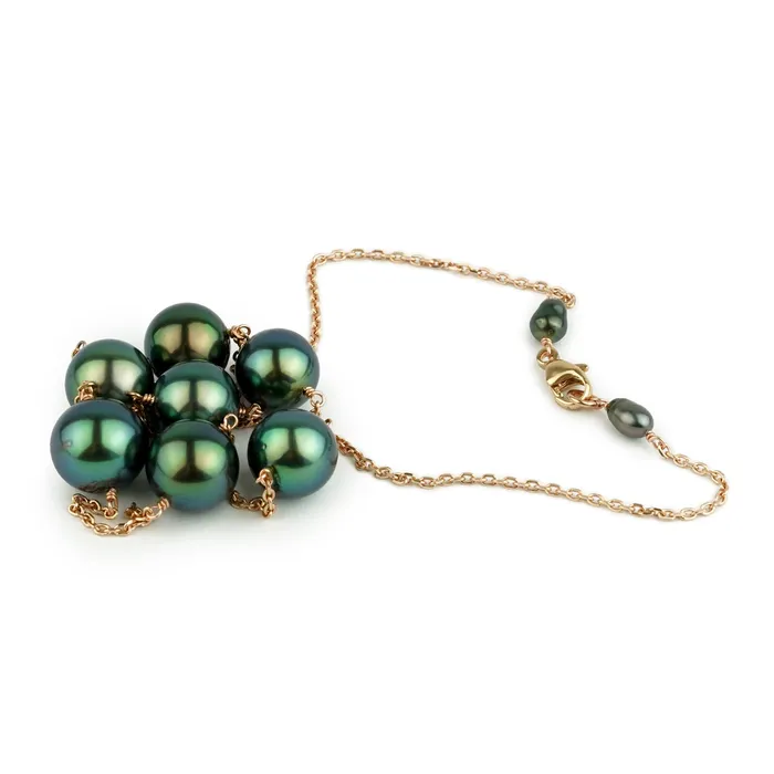 Kamoka Pearl Necklaces Flashy BlueGreen Tahitian Pearl TinCup Necklace on 14k Rose Gold