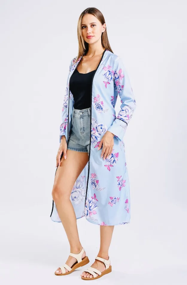 Light Blue Floral Kimono One Size Candlewick Gift Shop Rings