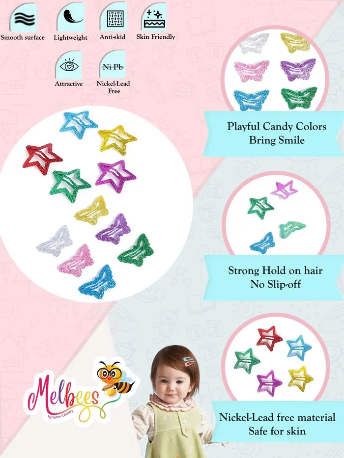 Melbees by Yellow Chimes Hair Clips for Girls 12 Pcs Hairclips Glittering Hairclip for Kids Butterfly Star Fancy Snap Hairpins Hair Accessories for Kids and Girls Yellow Chimes Necklaces