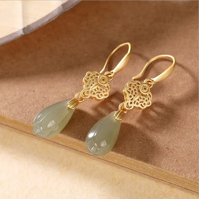 Metamorphidi Earrings Natural Gray Jade Magnolia Eardrop Earrings