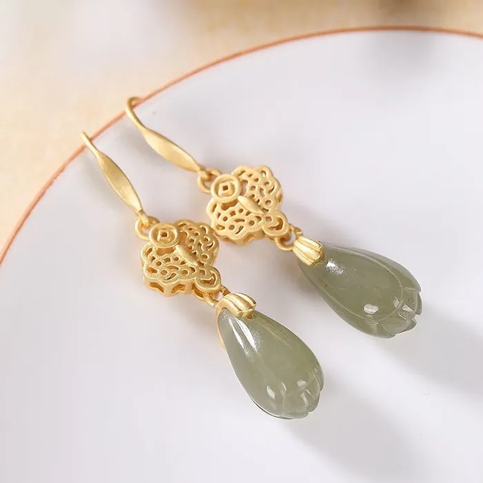 Metamorphidi Earrings Natural Gray Jade Magnolia Eardrop Earrings