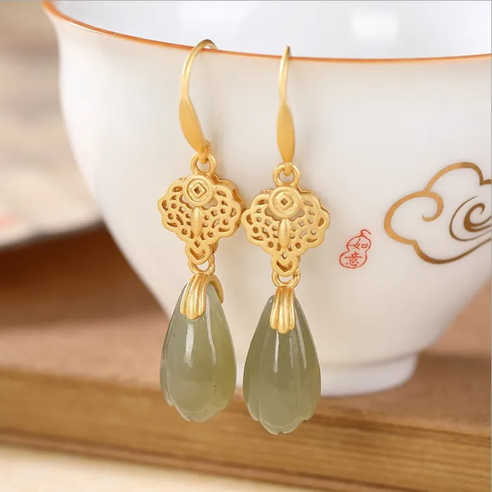 Metamorphidi Earrings Natural Gray Jade Magnolia Eardrop Earrings