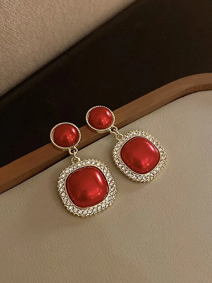 Necklaces Yellow Chimes Earrings For Women Red Color Pearl Studded Double Drop Earrings For Women and Girls Yellow Chimes