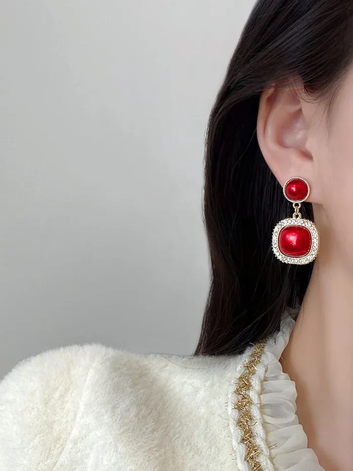 Necklaces Yellow Chimes Earrings For Women Red Color Pearl Studded Double Drop Earrings For Women and Girls Yellow Chimes