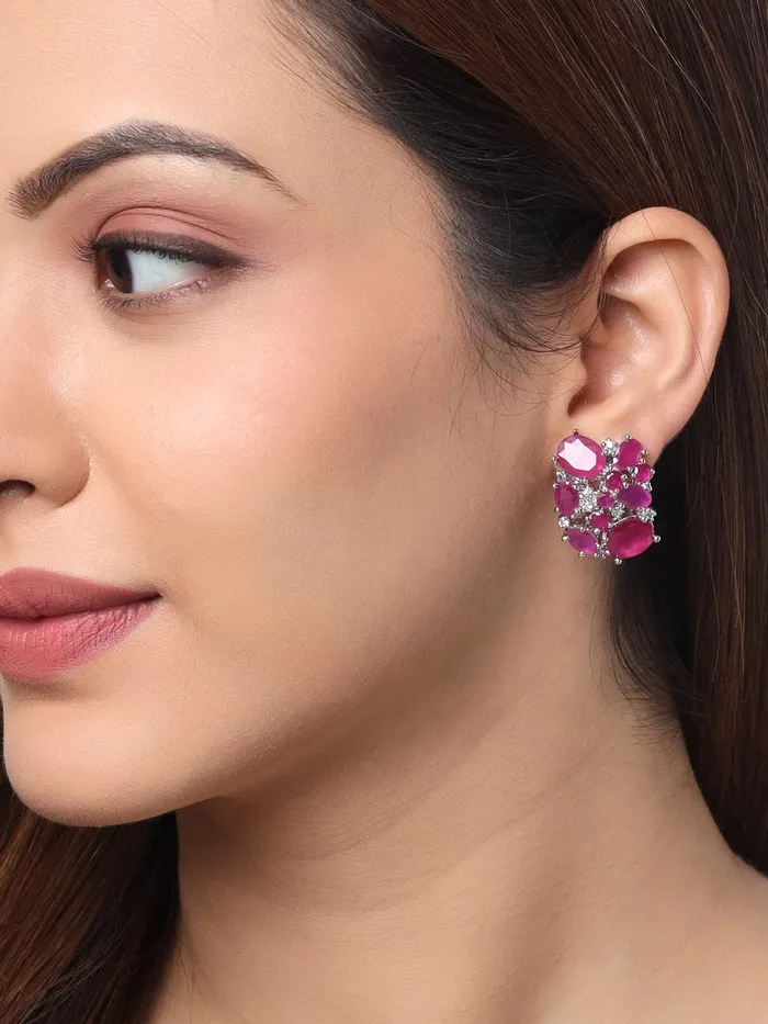 Necklaces Yellow Chimes Earrings For Women Silver Toned Oval Pink Crystal Studded Clip On Elegant Stud Earrings For Women and Girls Yellow Chimes