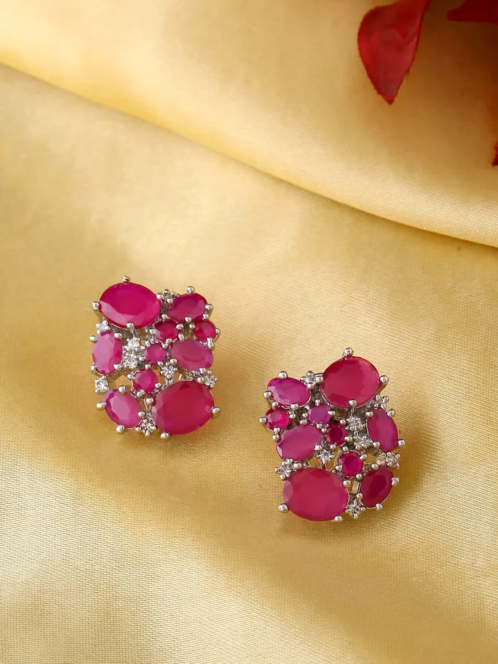 Necklaces Yellow Chimes Earrings For Women Silver Toned Oval Pink Crystal Studded Clip On Elegant Stud Earrings For Women and Girls Yellow Chimes