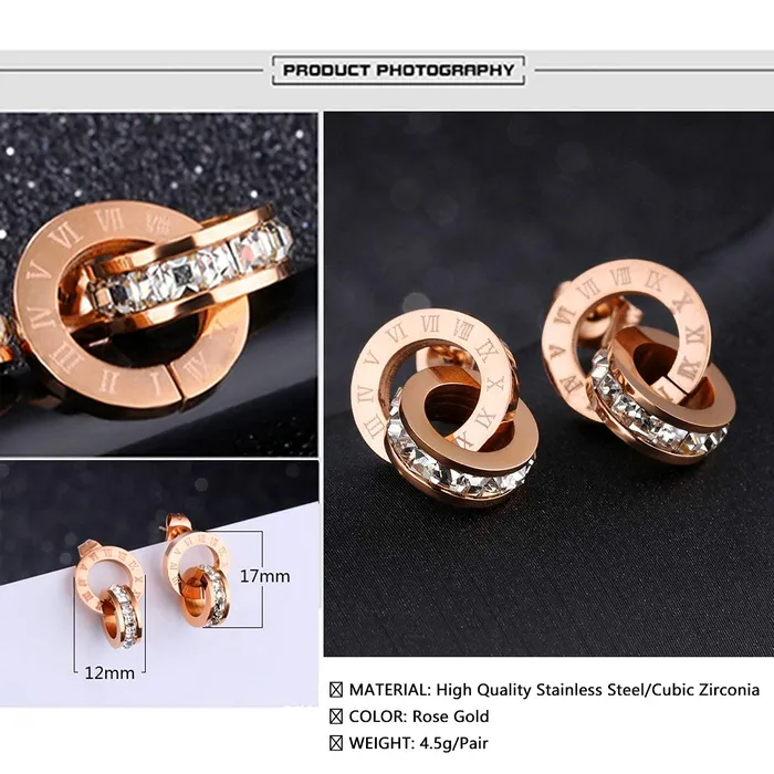 Necklaces Yellow Chimes Earrings for Women Western Rose Gold Plated Stainless Steel Roman Numericals Engraved Crystal Statement Drop Earrings for Women and Girls Yellow Chimes