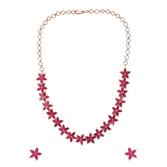 Necklaces Yellow Chimes Jewellery Set for Women Rose Gold Toned ADAmerican Diamond Studded Pink Crystal Floral Designed Choker Necklace Set for Women and Girls Yellow Chimes