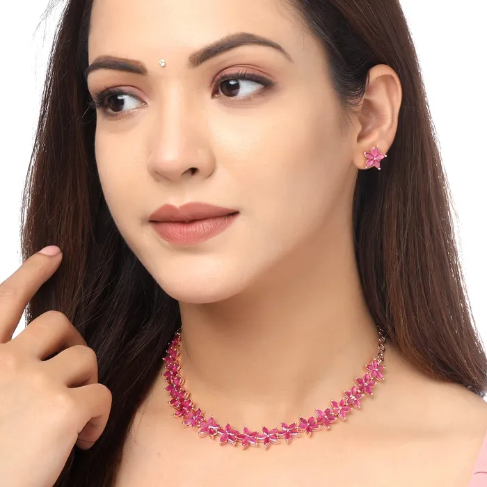 Necklaces Yellow Chimes Jewellery Set for Women Rose Gold Toned ADAmerican Diamond Studded Pink Crystal Floral Designed Choker Necklace Set for Women and Girls Yellow Chimes