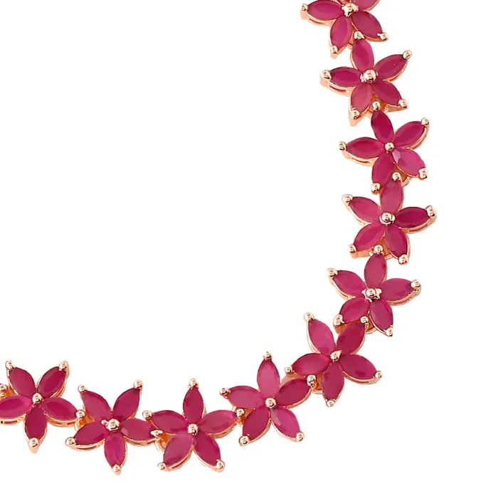Necklaces Yellow Chimes Jewellery Set for Women Rose Gold Toned ADAmerican Diamond Studded Pink Crystal Floral Designed Choker Necklace Set for Women and Girls Yellow Chimes