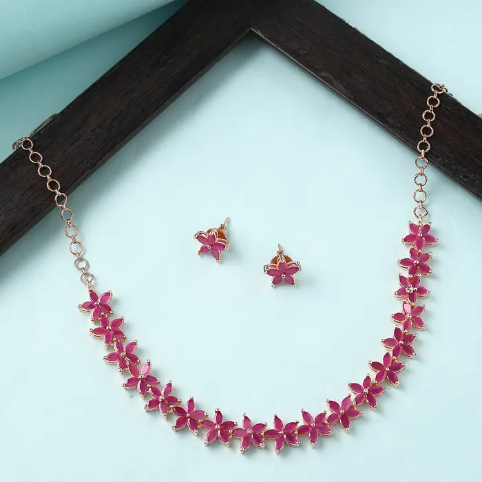 Necklaces Yellow Chimes Jewellery Set for Women Rose Gold Toned ADAmerican Diamond Studded Pink Crystal Floral Designed Choker Necklace Set for Women and Girls Yellow Chimes