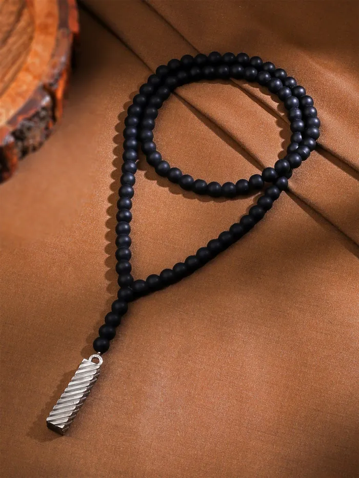 Necklaces Yellow Chimes Mens Black Beads Mala Necklace Stainless Steel Stylish Design 62 cm Black