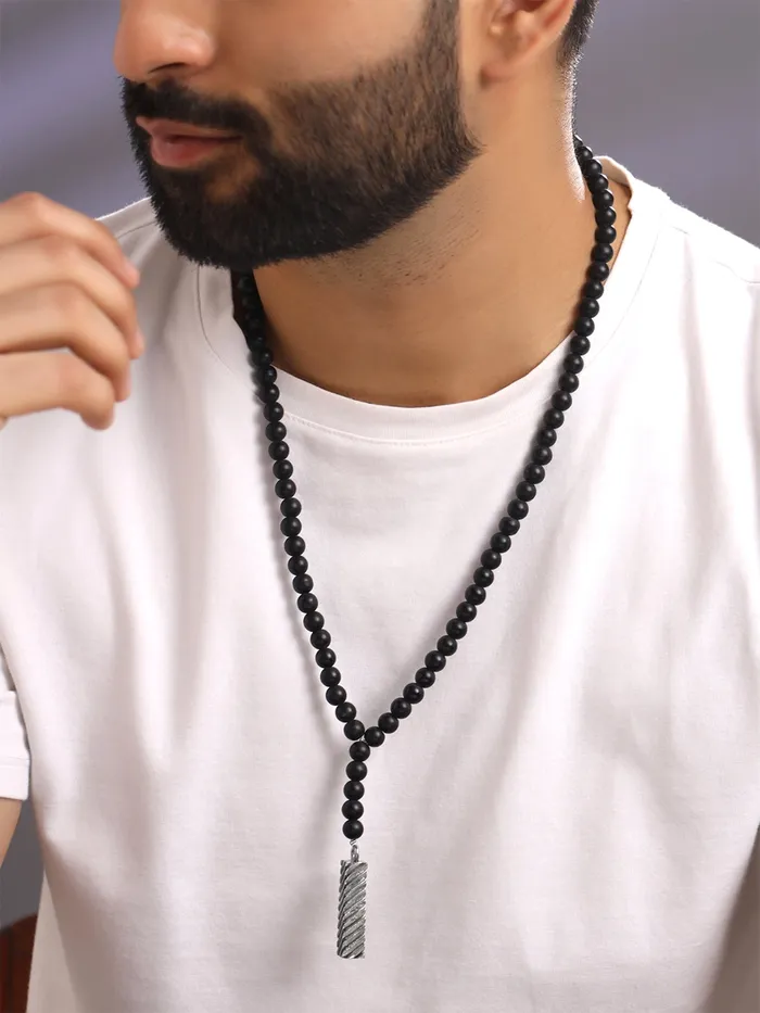 Necklaces Yellow Chimes Mens Black Beads Mala Necklace Stainless Steel Stylish Design 62 cm Black