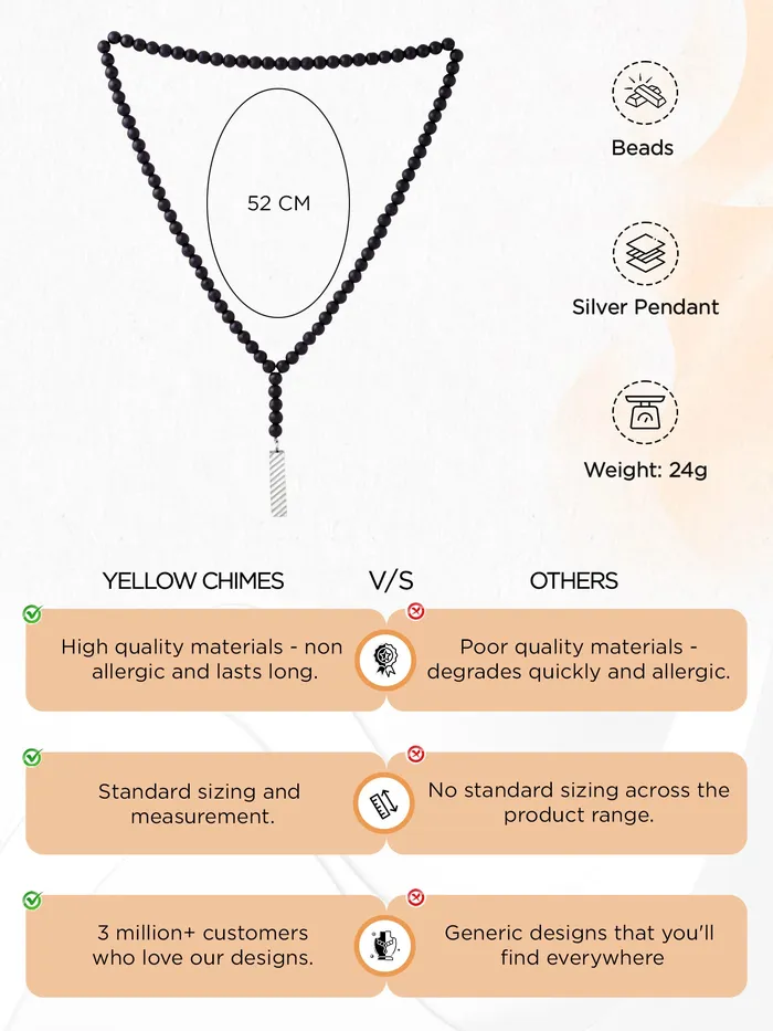 Necklaces Yellow Chimes Mens Black Beads Mala Necklace Stainless Steel Stylish Design 62 cm Black