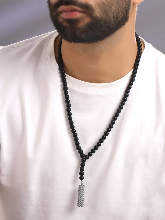 Necklaces Yellow Chimes Mens Black Beads Mala Necklace Stainless Steel Stylish Design 62 cm Black