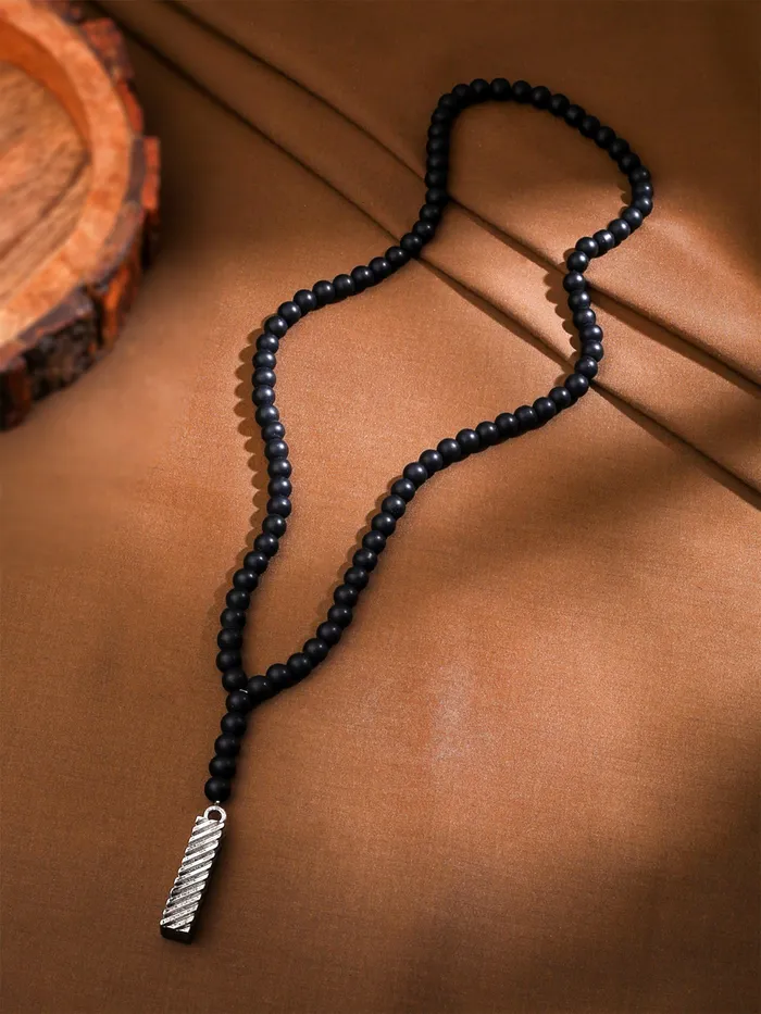 Necklaces Yellow Chimes Mens Black Beads Mala Necklace Stainless Steel Stylish Design 62 cm Black