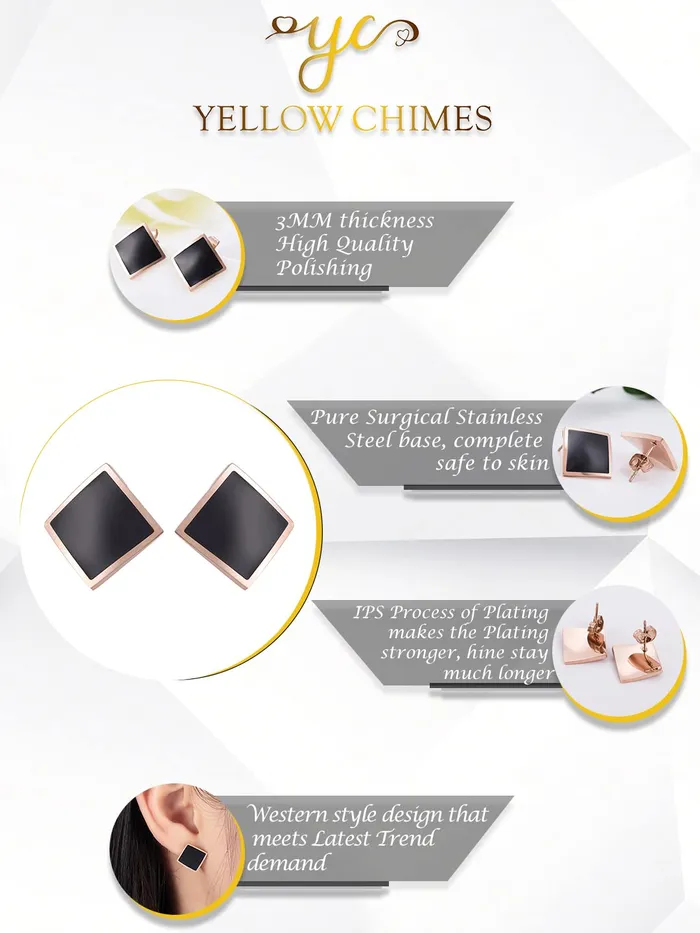 Necklaces Yellow Chimes Stud Earrings for Women Western Rose Gold Plated Stainless Steel Black Square Stud Earrings For Women and Girls Yellow Chimes
