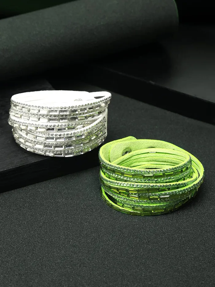Necklaces Yellow Chimes Yellow Chimes Combo Bracelets for Women 2 PCs Quirky Shiny Crystals White Green Color Wrap Wrist Band For Women and Girls