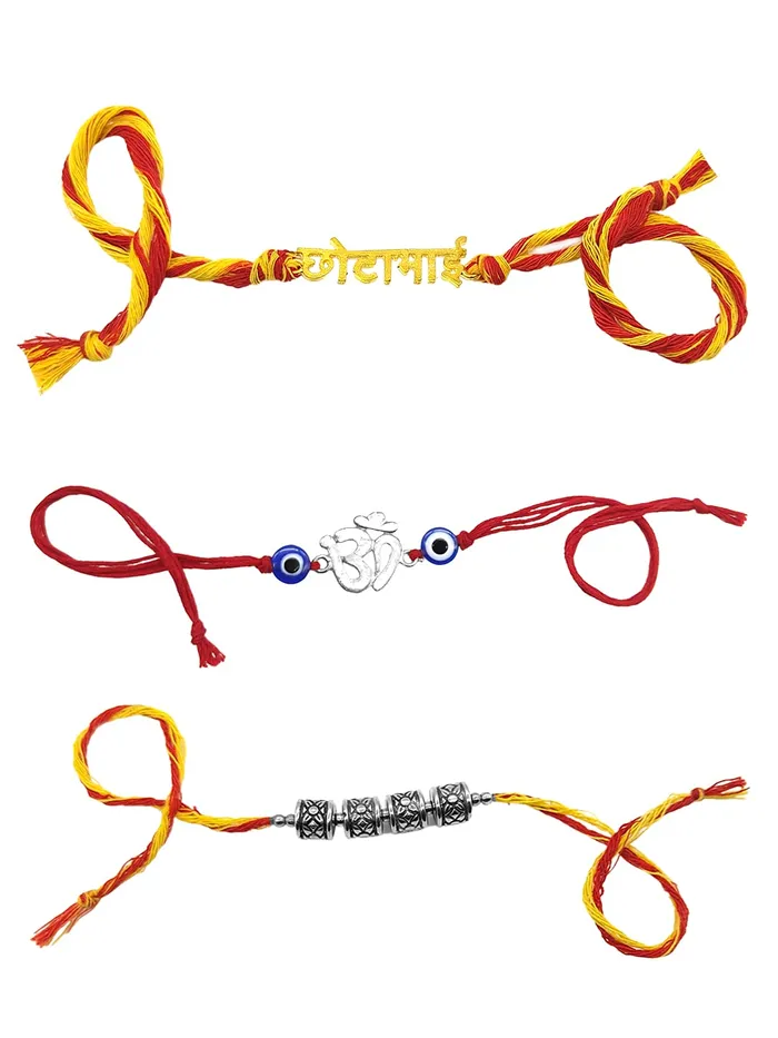 Necklaces Yellow Chimes Yellow Chimes Combo of 3 Pcs Handmade Dori Worked Gold Toned Chota Bhai Pyari Bhabhi and Celtic Design Bhaiya Bhabhi Rakhi with Roli Chawal Red Gold Medium YCTJRK08BAIBHIBCGL for Men