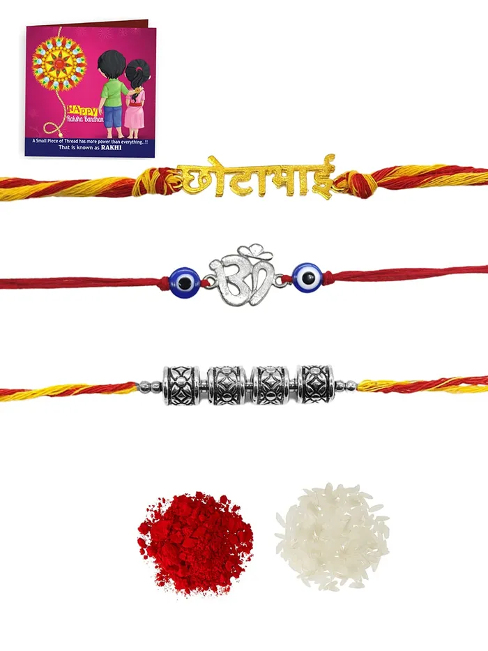 Necklaces Yellow Chimes Yellow Chimes Combo of 3 Pcs Handmade Dori Worked Gold Toned Chota Bhai Pyari Bhabhi and Celtic Design Bhaiya Bhabhi Rakhi with Roli Chawal Red Gold Medium YCTJRK08BAIBHIBCGL for Men