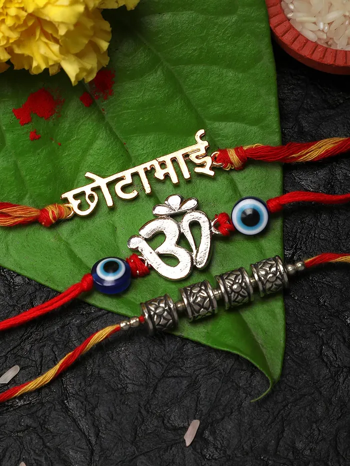 Necklaces Yellow Chimes Yellow Chimes Combo of 3 Pcs Handmade Dori Worked Gold Toned Chota Bhai Pyari Bhabhi and Celtic Design Bhaiya Bhabhi Rakhi with Roli Chawal Red Gold Medium YCTJRK08BAIBHIBCGL for Men