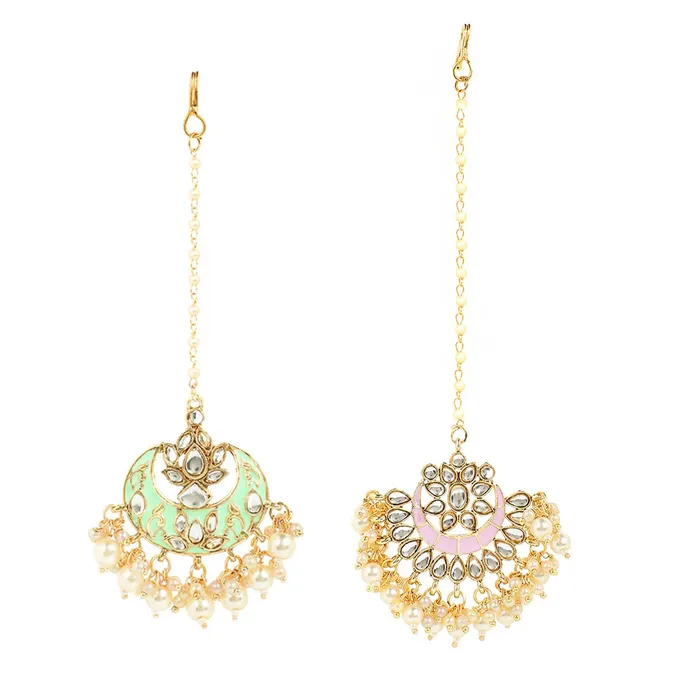 Necklaces Yellow Chimes Yellow Chimes Combo of 3 PCs Traditional Gold Plated Kundan Studded Beads Design Ethnic Maang Tikka for Women and Girls Design 8