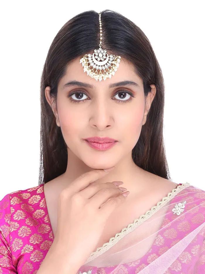 Necklaces Yellow Chimes Yellow Chimes Combo of 3 PCs Traditional Gold Plated Kundan Studded Beads Design Ethnic Maang Tikka for Women and Girls Design 8