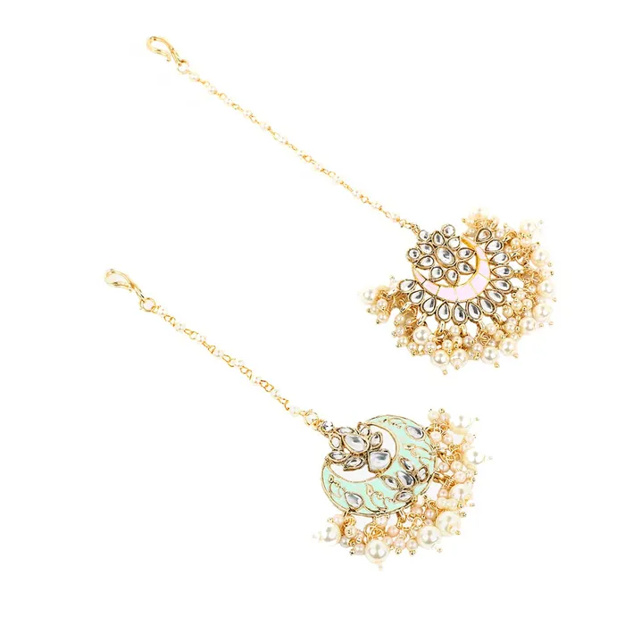 Necklaces Yellow Chimes Yellow Chimes Combo of 3 PCs Traditional Gold Plated Kundan Studded Beads Design Ethnic Maang Tikka for Women and Girls Design 8