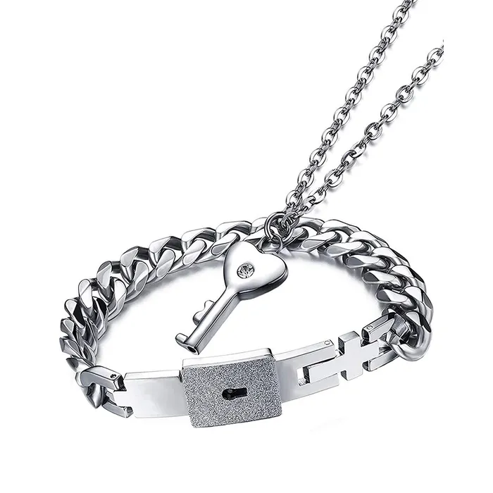 Necklaces Yellow Chimes Yellow Chimes Couple Pendant Bracelet for Men Engraved Lock and Key Stainless Steel Couple Bracelet Pendant Necklace Set for Men and Women