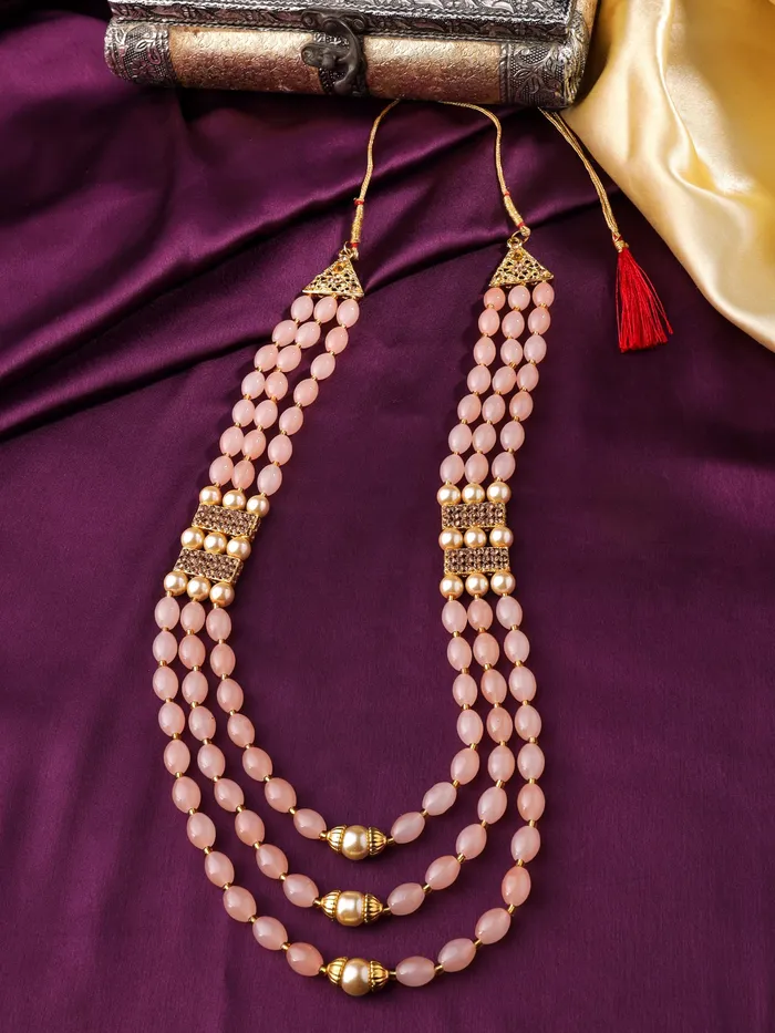 Necklaces Yellow Chimes Yellow Chimes Dulahmala For Mens Peach Beads Pearl Necklace Jewellery for Groom Dulha Moti Mal Haar For Men Sherwani Necklace