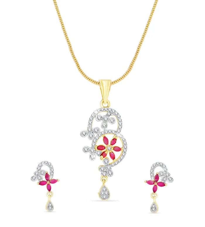 Necklaces Yellow Chimes Yellow Chimes Elegant Pink ADAmerican Diamond Studded Gold Plated Designer Floral Charm Pendant Set with Earrings for Women Girls