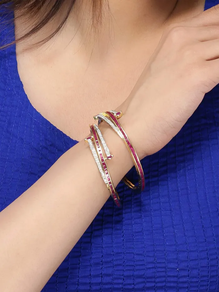 Necklaces Yellow Chimes Yellow Chimes Elegant Set of 2 Pcs Pink ADAmerican Diamond Studded 18k Gold Plated Handcrafted Ruby Bangles for Women Girls 24