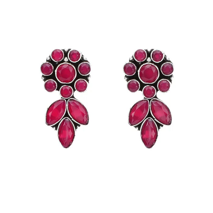 Necklaces Yellow Chimes Yellow Chimes Ethnic German Silver Oxidised Pink Flower and Leaf Design Traditional Drop Earrings for Women And Girls Medium YCTJER225OXDDRPPK