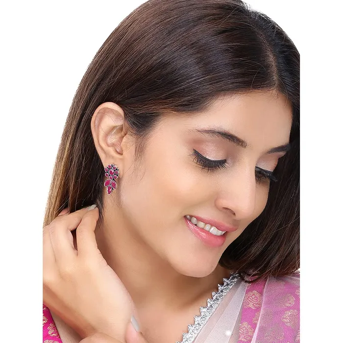 Necklaces Yellow Chimes Yellow Chimes Ethnic German Silver Oxidised Pink Flower and Leaf Design Traditional Drop Earrings for Women And Girls Medium YCTJER225OXDDRPPK