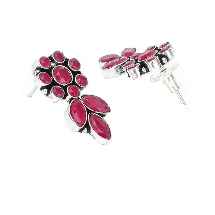 Necklaces Yellow Chimes Yellow Chimes Ethnic German Silver Oxidised Pink Flower and Leaf Design Traditional Drop Earrings for Women And Girls Medium YCTJER225OXDDRPPK