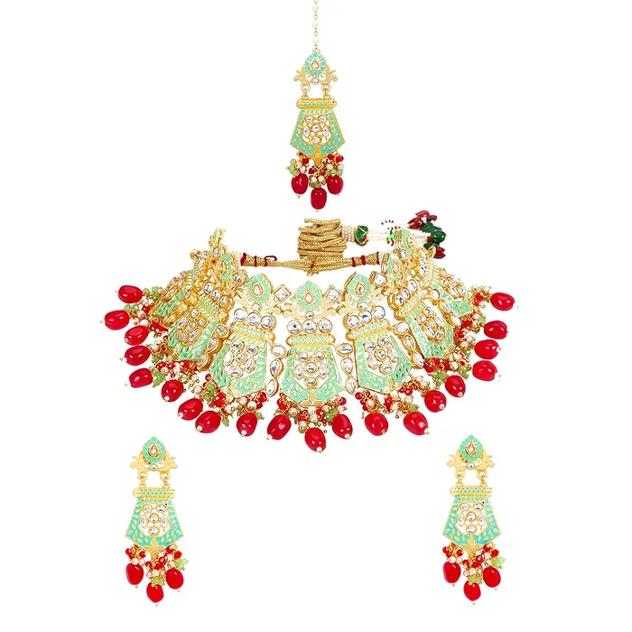 Necklaces Yellow Chimes Yellow Chimes Ethnic Gold Plated Kundan Red Beads Design Jewellery Set Green Meenakari Choker Necklace Set with Earrings and maang Tikka for Women and Girls Necklaces Yellow Chimes Yellow Chimes Ethnic Gold Plated Kundan Red Beads Design Jewellery Set Green Meenakari Choker Necklace Set with Earrings and maang Tikka for Women and Girls