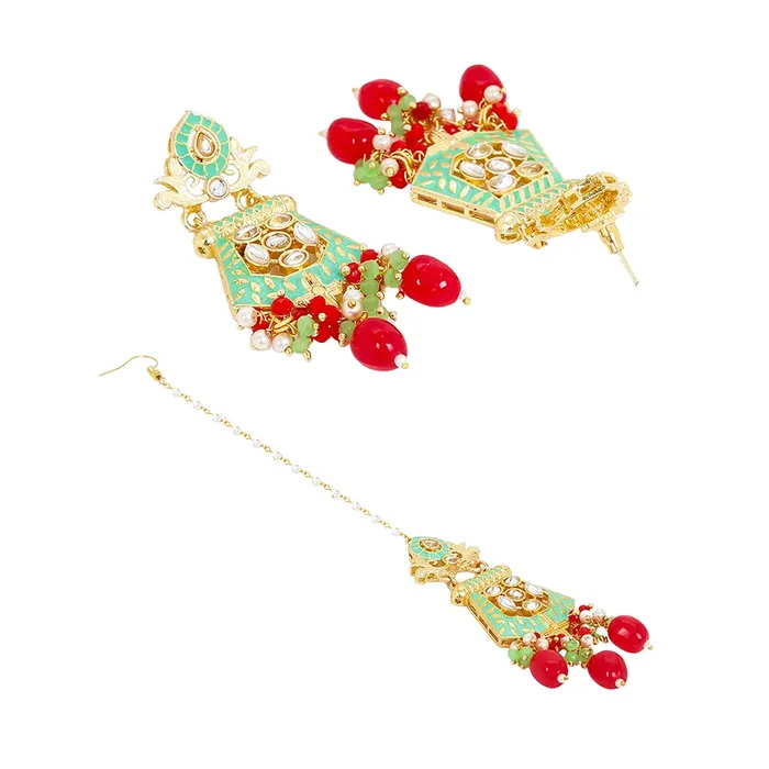 Necklaces Yellow Chimes Yellow Chimes Ethnic Gold Plated Kundan Red Beads Design Jewellery Set Green Meenakari Choker Necklace Set with Earrings and maang Tikka for Women and Girls
