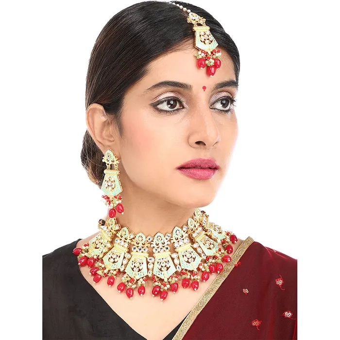 Necklaces Yellow Chimes Yellow Chimes Ethnic Gold Plated Kundan Red Beads Design Jewellery Set Green Meenakari Choker Necklace Set with Earrings and maang Tikka for Women and Girls