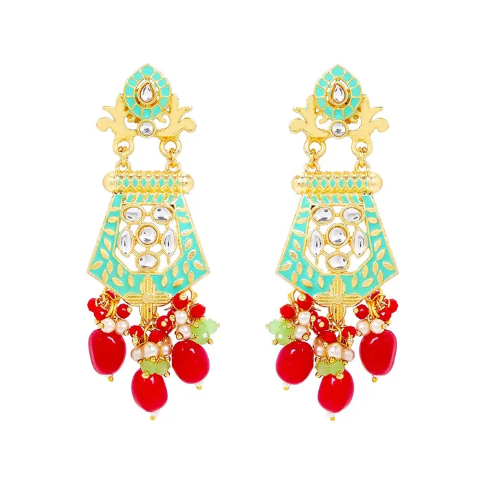 Necklaces Yellow Chimes Yellow Chimes Ethnic Gold Plated Kundan Red Beads Design Jewellery Set Green Meenakari Choker Necklace Set with Earrings and maang Tikka for Women and Girls
