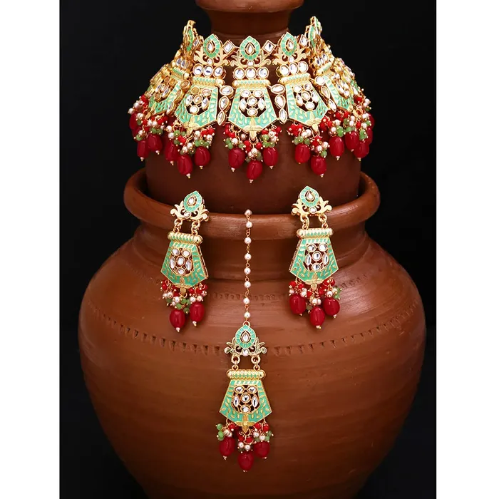 Necklaces Yellow Chimes Yellow Chimes Ethnic Gold Plated Kundan Red Beads Design Jewellery Set Green Meenakari Choker Necklace Set with Earrings and maang Tikka for Women and Girls