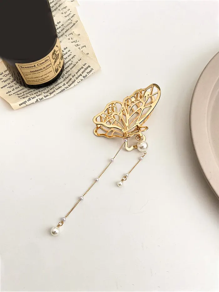 Necklaces Yellow Chimes Yellow Chimes Hair Clip For Women Gold Tone Butterfly Shape With Pearl Beads Cluthers Hair Claw Clip For Women and Girls
